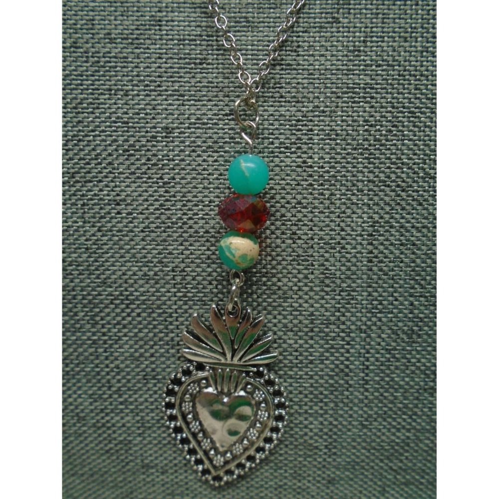 Sacred Heart Pendant Necklace w/ Imperial Jasper Silver Tone Jewelry 21in chain